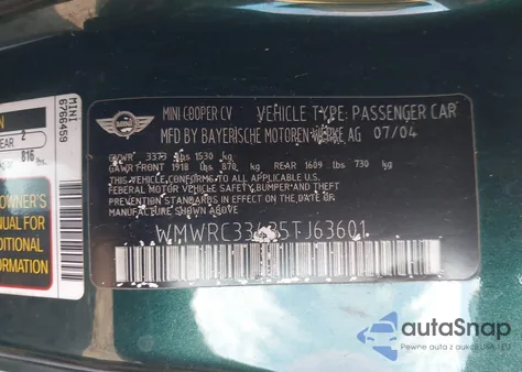 2005 Mini Cooper from USA, damaged, VIN WMWRC33435TJ63601